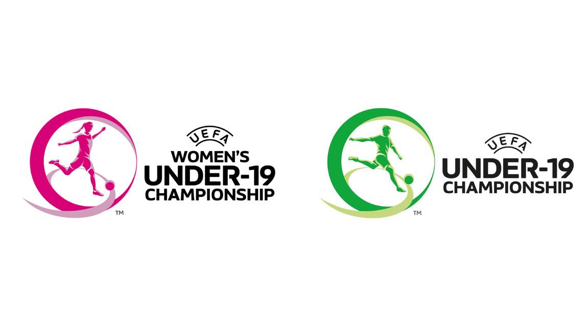Logos der UEFA Women's U19 und U19 Championships mit pinkem und grünem Spieler.