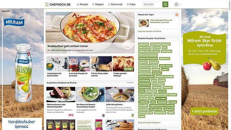 Rezeptwebseite mit Nudelauflauf und Milram-Werbung.