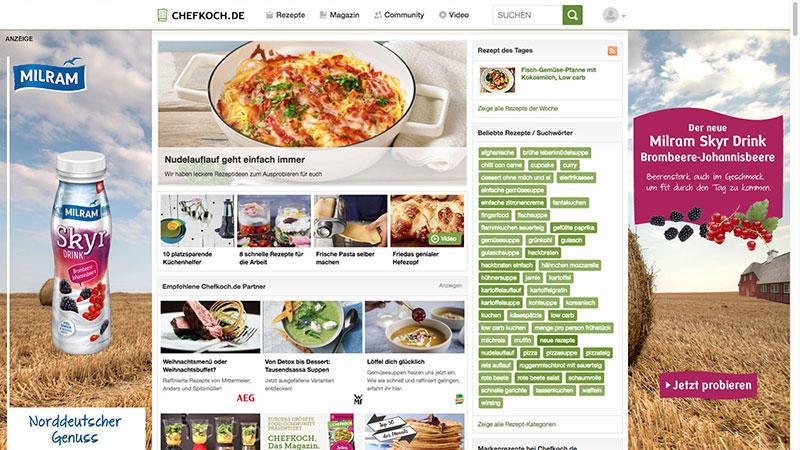 Webseite mit Rezepten und Milram Werbung für Skyr Drink Brombeere-Johannisbeere.