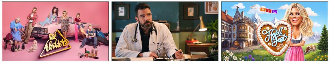 Gruppe von Menschen mit Auto vor rosa Hintergrund, Schriftzug 'Die Wollnys'.