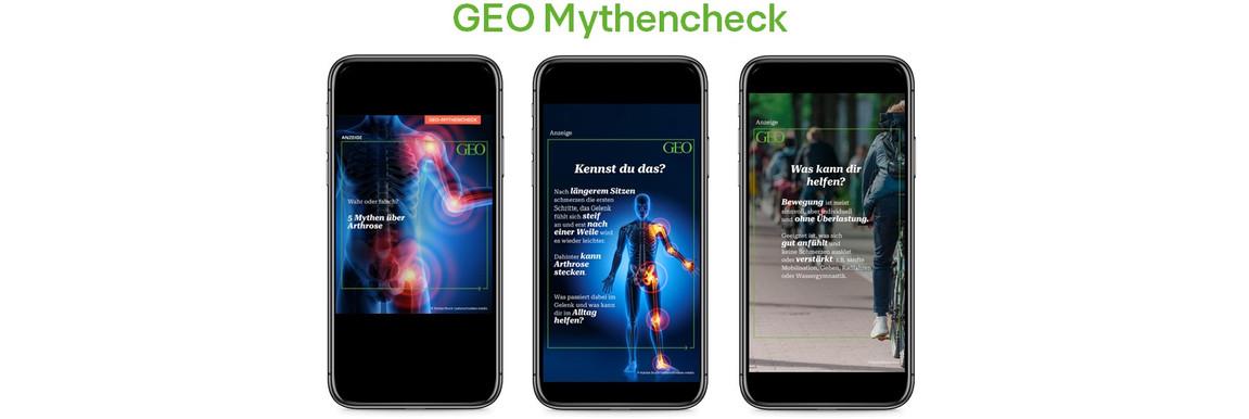 Drei Smartphones mit GEO Mythencheck auf den Bildschirmen.