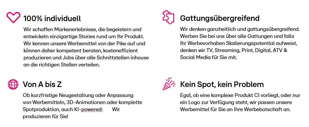 Präsentationslayout mit den Produktions-USPs: 100% individuell, Gattungsübergreifend, Von A bis Z, Kein Spot kein Problem.