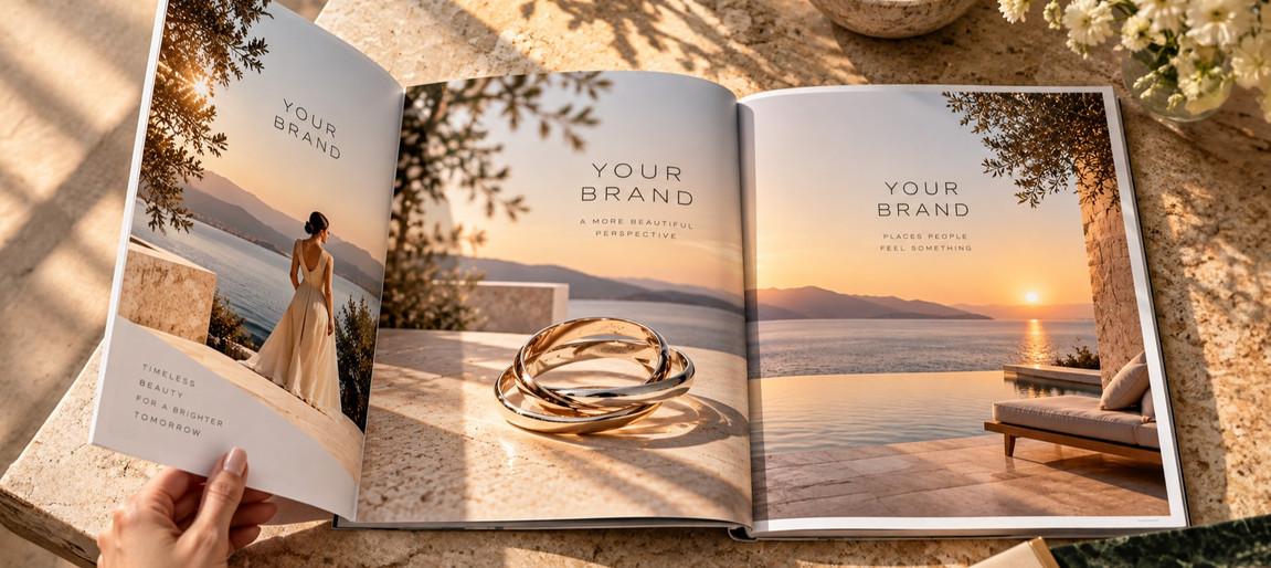 Aufgeschlagenes Magazin mit Luxusimmobilien und Schmuck.