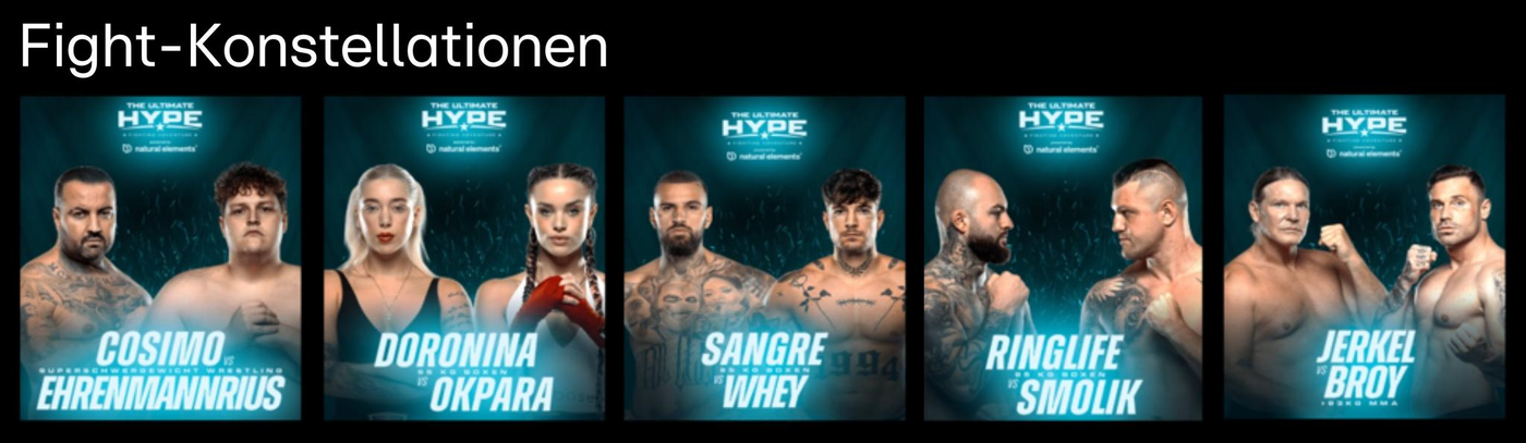 Das Bild zeigt eine Reihe von Kampfpaarungen für ein Event namens 'Hype'. Es sind mehrere Duos zu sehen, die sich jeweils gegenüberstehen. Jedes Duo ist in einem separaten blauen Rahmen dargestellt, mit den Namen der Kämpfer in großen weißen Buchstaben. Die Kämpfer sind in verschiedenen Posen, einige mit verschränkten Armen, andere mit erhobenen Fäusten. Die allgemeine Stimmung ist kämpferisch und dynamisch.
#!#
Kampfsport,Event,Duell,Kämpfer,Boxen,MMA,Turnier,Sport,Wettkampf,Hype