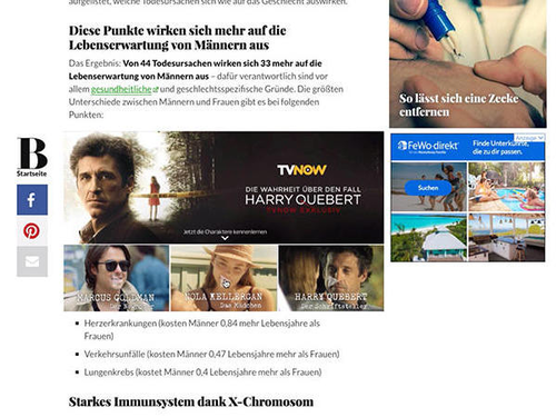 Der Artikel beschreibt verschiedene Faktoren, die sich negativ auf die Lebenserwartung von Männern im Vergleich zu Frauen auswirken. Es wird auf gesundheitliche und geschlechtsspezifische Gründe eingegangen. Herz-Kreislauf-Erkrankungen, Verkehrsrisiken und Lungenkrebs werden als Hauptursachen genannt. Eine Grafik zu einer TV-Show ist ebenfalls sichtbar.
#!#
Lebenserwartung,Männer,Gesundheit,Herzerkrankungen,Lungenkrebs,Verkehrsunfälle,Geschlecht,Unterschiede,X-Chromosom,TV-Show