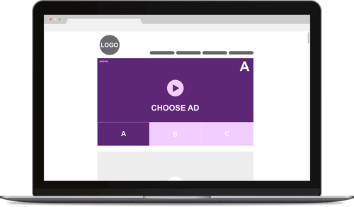 Das Bild zeigt einen Laptop mit einem geöffneten Browser-Fenster, in dem eine interaktive Anzeige dargestellt ist. Oben links befindet sich ein Logo-Platzhalter. Unterhalb des Logos ist eine violette Anzeige mit einem zentral platzierten Play-Button und der Aufforderung 'CHOOSE AD'. Darunter sind drei Auswahlmöglichkeiten mit den Buchstaben A, B und C in separaten Feldern dargestellt.
#!#
Laptop,Anzeige,Browser,Interaktiv,Logo,Play-Button,Auswahl,Violett,Werbung,Benutzeroberfläche