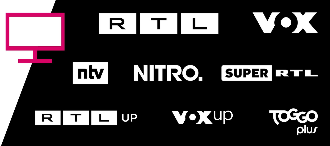 Das Bild zeigt eine Sammlung von Logos verschiedener deutscher Fernsehsender auf einem schwarzen Hintergrund. Auf der linken Seite ist ein pinkfarbener Umriss eines Fernsehbildschirms zu sehen. Rechts davon befinden sich die Logos von Sendern wie RTL, VOX, ntv, NITRO, SUPER RTL, RTL UP, VOXup und TOGGO plus. Die Anordnung der Logos ist in einem rechteckigen Bereich gehalten, der sich vom Bildschirmumriss nach rechts erstreckt.
#!#
TV,Logos,RTL,VOX,ntv,NITRO,SUPER RTL,RTL UP,VOXup,TOGGO plus