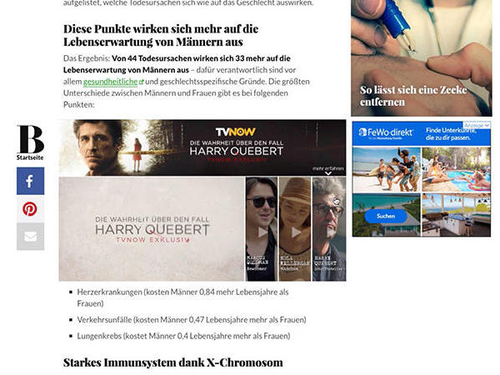 Der Artikel erläutert, welche Faktoren die Lebenserwartung von Männern im Vergleich zu Frauen beeinflussen. Es werden gesundheitliche und geschlechtsspezifische Gründe dargestellt, die zu einer kürzeren Lebenserwartung führen. Dazu zählen Herzkrankheiten, Verkehrsunfälle und Lungenkrebs. Ein Abschnitt widmet sich dem starken Immunsystem dank des X-Chromosoms. Ein Werbebanner für die Serie 'Harry Quebert' auf TVNOW ist ebenfalls abgebildet.
#!#
Lebenserwartung,Männer,Frauen,Herzkrankheiten,Verkehrsunfälle,Lungenkrebs,Gesundheit,Geschlechterunterschiede,Immunsystem,X-Chromosom