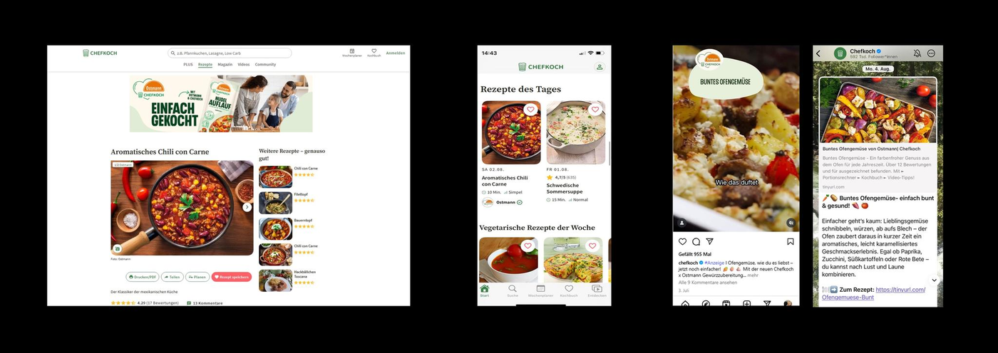 Das Bild zeigt verschiedene digitale Plattformen, auf denen Rezepte präsentiert werden. Links ist eine Webseite mit einem Rezept für ein einfaches Chili con Carne zu sehen. Daneben befindet sich eine mobile App mit dem Rezept des Tages und vegetarischen Vorschlägen der Woche. Weiter rechts ist ein Instagram-Post mit einem Gerichtsfoto und Rezeptbeschreibung abgebildet. Schließlich zeigt das Bild ganz rechts eine WhatsApp-Nachricht mit einem Rezeptvorschlag und Bild. Die Darstellungen betonen die Vielfalt und Zugänglichkeit von Rezepten über verschiedene Kanäle.
#!#
Rezepte,Chili con Carne,Webseite,App,Instagram,WhatsApp,Kochen,Essen,Digital,Vielfalt
