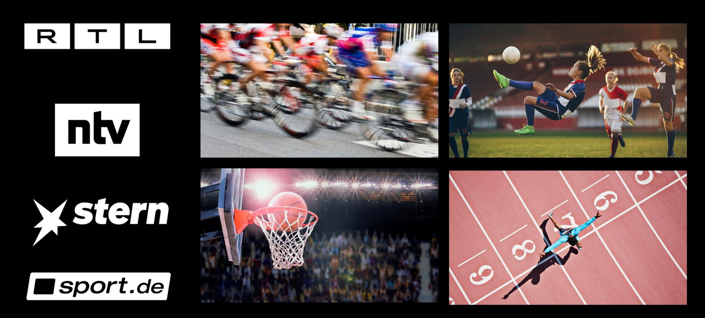 Das Bild zeigt eine Collage verschiedener Sportarten. Oben links sind Radfahrer in voller Geschwindigkeit zu sehen, was Dynamik und Tempo vermittelt. Rechts daneben ist eine Fußballszene mit einem spektakulären Fallrückzieher abgebildet. Unten links befindet sich ein Basketballkorb in einem beleuchteten Stadion, der auf ein spannendes Spiel hinweist. Daneben ist eine Laufbahn mit einem Läufer festgehalten, der auf einer markierten Strecke sprintet. Links sind die Logos von RTL, ntv, Stern und sport.de zu sehen, die auf die mediale Berichterstattung über Sportereignisse hinweisen.
#!#
Sport,Radfahren,Fußball,Basketball,Laufen,RTL,ntv,Stern,sport.de,Dynamik