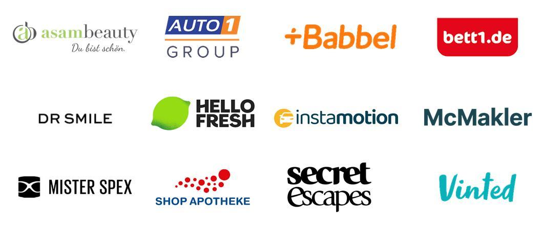 Das Bild zeigt eine Sammlung von Logos verschiedener bekannter Unternehmen. Oben links befindet sich das Logo von asambeauty, gefolgt von AUTO1 Group, Babbel und bett1.de. In der mittleren Reihe sind die Logos von DR SMILE, HelloFresh, instamotion und McMakler zu sehen. In der unteren Reihe sind Mister Spex, Shop Apotheke, Secret Escapes und Vinted abgebildet. Die Logos repräsentieren Unternehmen aus verschiedenen Branchen wie Schönheit, Automobil, Bildung, Ernährung, Immobilien und mehr.
#!#
Logos,Unternehmen,Deutschland,asambeauty,AUTO1,Babbel,HelloFresh,Mister Spex,Vinted,Shop Apotheke