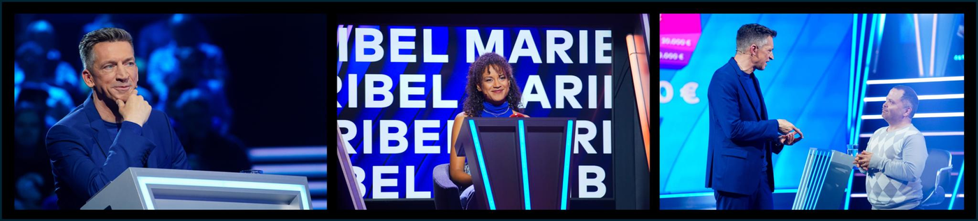 Das Bild zeigt drei Szenen aus einer TV-Quizshow. Links sitzt ein Mann nachdenklich an einem Pult, in der Mitte steht eine Frau hinter einem Rednerpult mit ihrem Namen auf einem großen Bildschirm, und rechts sind zwei Männer in einem scheinbar freundlichen Gespräch vertieft. Die Atmosphäre ist lebhaft und modern, mit blauen und violetten Lichtakzenten.
#!#
TV-Show,Quiz,Moderator,Kandidaten,Bühne,Publikum,Spannung,Fragen,Antworten,Unterhaltung