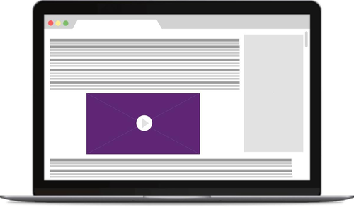 Das Bild zeigt einen Laptopbildschirm, auf dem eine Webseite geöffnet ist. Die Webseite enthält Textblöcke und einen großen, zentral platzierten Videoplayer mit einem violetten Hintergrund und einem weißen Play-Symbol. Der Videoplayer hebt sich visuell vom restlichen Inhalt ab. Oben im Browserfenster sind die typischen Steuerelemente wie Minimieren, Maximieren und Schließen zu sehen.
#!#
Laptop,Webseite,Videoplayer,Browser,Play-Symbol,Bildschirm,Textblöcke,Internet,Online-Video,Benutzeroberfläche