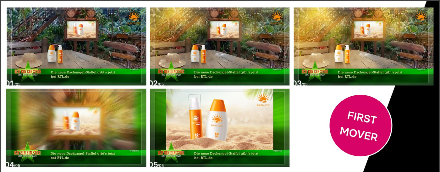 Das Bild zeigt eine Collage aus fünf Werbebildern für eine Sonnencreme. Die ersten drei Bilder zeigen eine Outdoor-Szene mit Holzbänken und einem Tisch, auf dem die Sonnencreme prominent platziert ist. Die letzten beiden Bilder fokussieren auf das Produkt selbst, einmal in einer verschwommenen Nahaufnahme und einmal klar in einer Wüstenlandschaft. Oben rechts ist ein kleines Logo mit einer Sonne zu sehen, und es gibt einen pinken Kreis mit der Aufschrift 'FIRST MOVER'.
#!#
Sonnencreme,Werbung,Outdoor,Holzbänke,Natur,Produktpräsentation,Sonnenschutz,Wüstenlandschaft,Erfrischung,Innovativ
