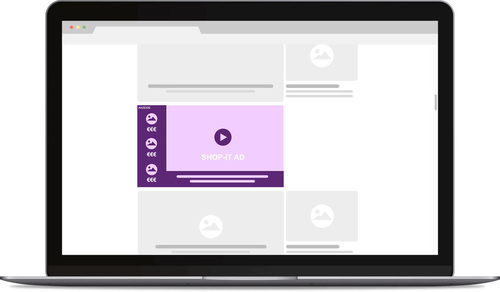 Das Bild zeigt einen Laptop-Bildschirm mit einer Webseite, auf der eine große, violettfarbene Werbeanzeige mit einem Play-Button im Mittelpunkt steht. Die Anzeige trägt die Aufschrift 'SHOP-IT AD'. Links von der Hauptanzeige sind kleinere, runde Symbole in einer vertikalen Leiste angeordnet. Der Rest der Webseite ist mit grauen Platzhaltern für Text und Bilder gefüllt, was auf eine typische Layout-Darstellung hinweist.
#!#
Laptop,Werbung,Webseite,Play-Button,Shop,Anzeige,Online,Layout,Bildschirm,Design