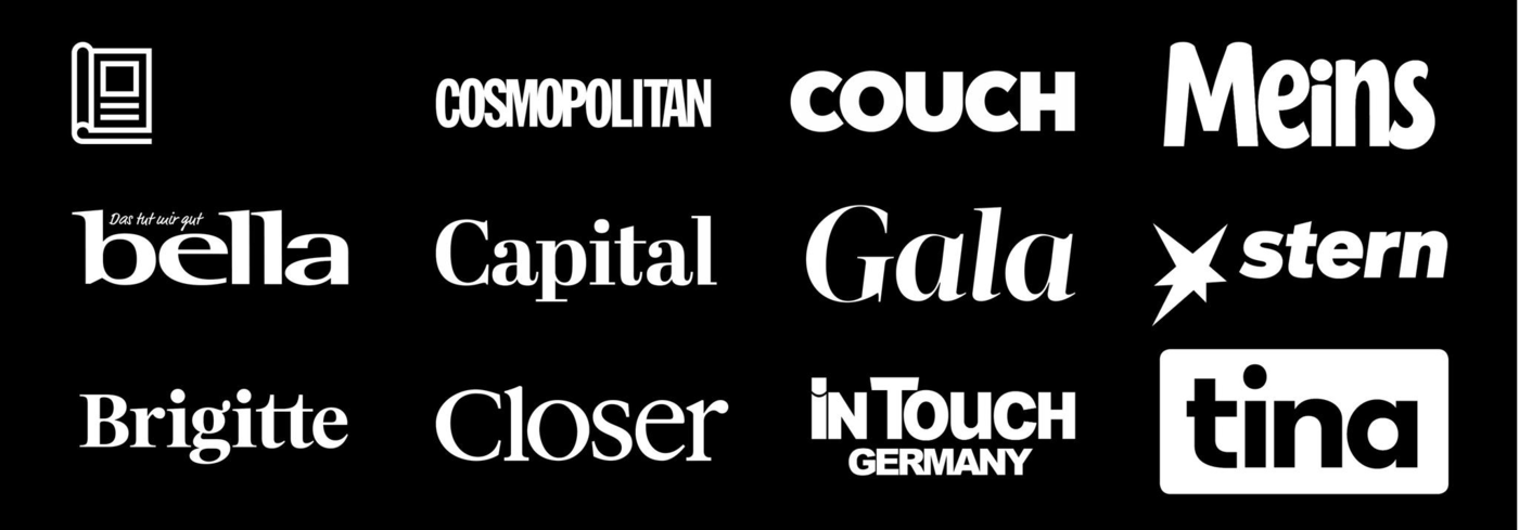 Das Bild zeigt eine Sammlung von Logos verschiedener bekannter Zeitschriften. Auf einem schwarzen Hintergrund sind die Namen der Publikationen in unterschiedlichen Schriftarten und Größen dargestellt. Zu den abgebildeten Titeln gehören 'Cosmopolitan', 'Couch', 'Meins', 'bella', 'Capital', 'Gala', 'stern', 'Brigitte', 'Closer', 'InTouch Germany' und 'tina'. Die Anordnung der Logos ist in drei Reihen, wobei die Designs von elegant bis modern variieren.
#!#
Zeitschriften,Logos,Deutschland,Medien,Publikationen,Cosmopolitan,Gala,stern,Brigitte,Capital