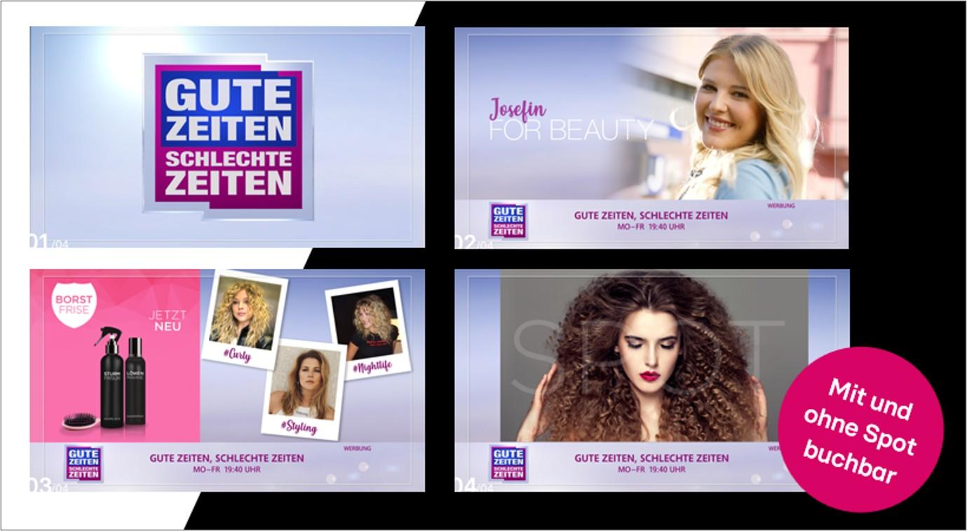 Das Bild zeigt eine Werbekampagne der Serie 'Gute Zeiten, Schlechte Zeiten' mit verschiedenen Beauty-Produkten. Es besteht aus vier Panels. Das erste Panel zeigt das Logo der Serie auf einem blauen Hintergrund. Im zweiten Panel ist eine lächelnde Frau mit blondem Haar abgebildet, begleitet vom Schriftzug 'Joselin for Beauty'. Das dritte Panel zeigt drei Beauty-Produkte neben Fotos von Models mit unterschiedlichen Frisuren und den Namen 'Kelly', 'Joselin' und 'Madeline'. Das vierte Panel zeigt eine Frau mit voluminösem, lockigem Haar und den Hinweis, dass Spots mit und ohne Buchung verfügbar sind.
#!#
Gute Zeiten Schlechte Zeiten,Beauty,Werbung,Frisuren,Produkte,Model,Fernsehen,Serie,Kosmetik,Kampagne